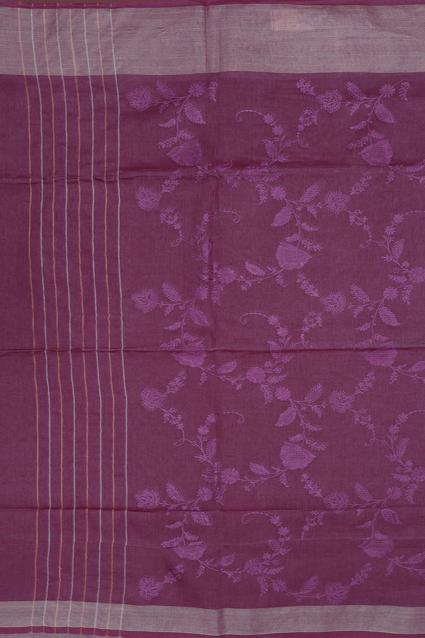 Linen Saree In Plum Purple With Floral Design