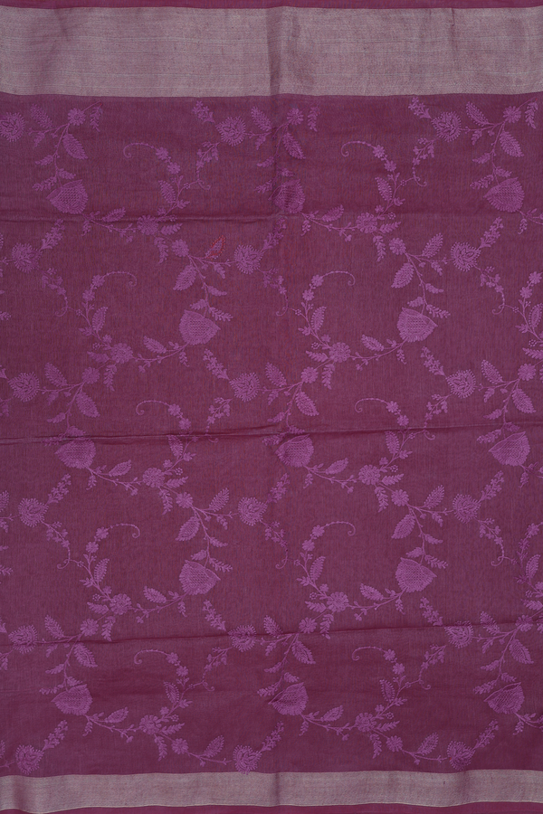 Linen Saree In Plum Purple With Floral Design