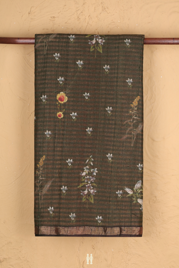 Tussar Silk Saree In Dark Olive Green With Floral Design