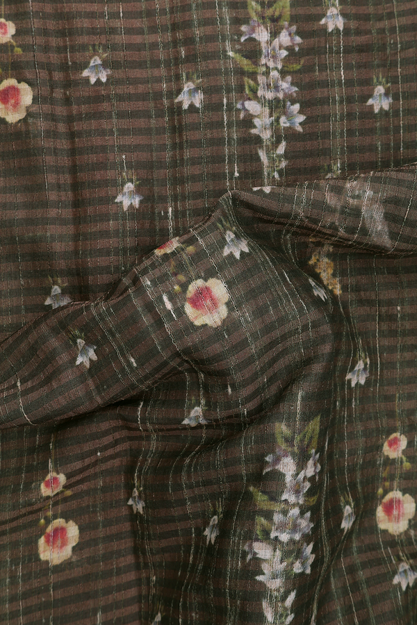 Tussar Silk Saree In Dark Olive Green With Floral Design