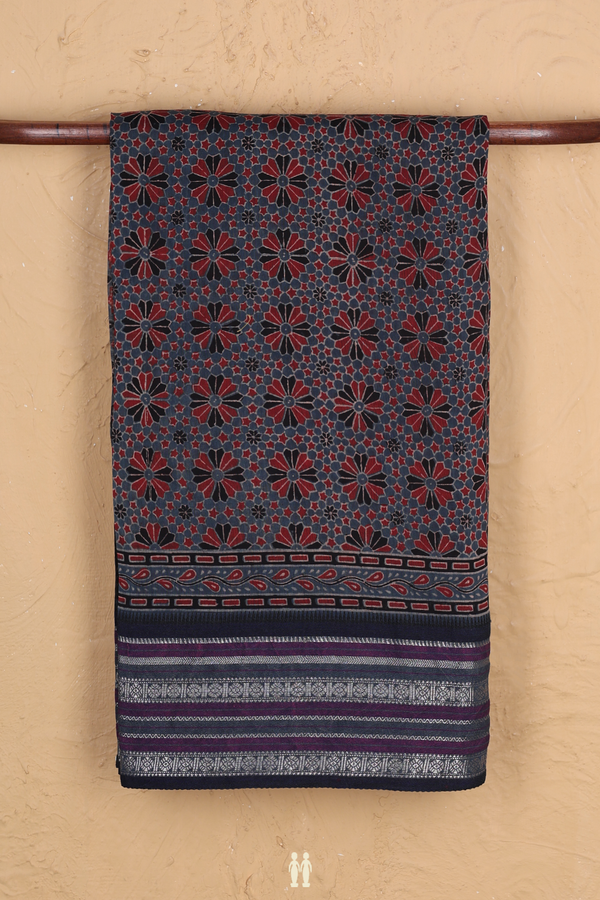 Chanderi Silk Cotton Saree In Blue With Ajrakh Printed Design