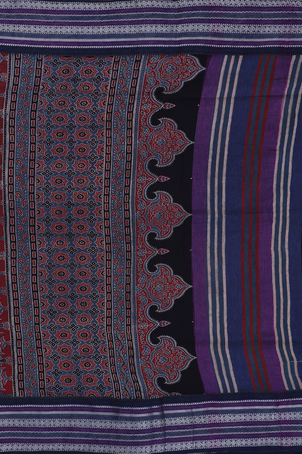 Chanderi Silk Cotton Saree In Blue With Ajrakh Printed Design