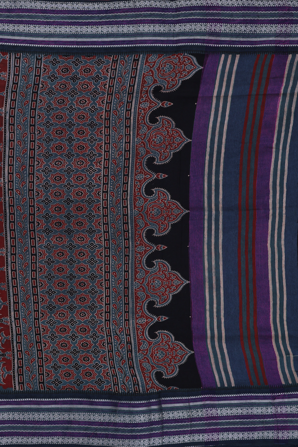Chanderi Silk Cotton Saree In Blue With Ajrakh Printed Design