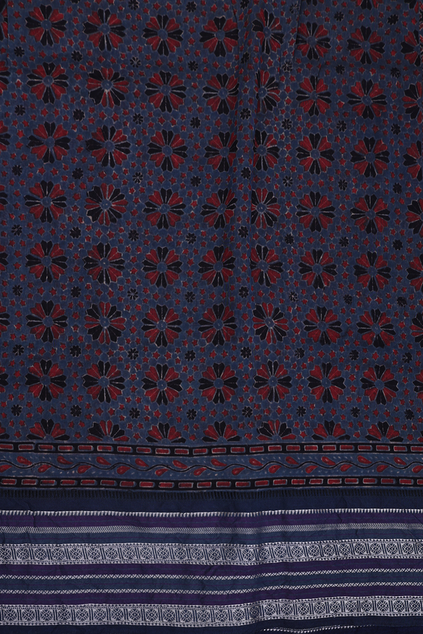 Chanderi Silk Cotton Saree In Blue With Ajrakh Printed Design