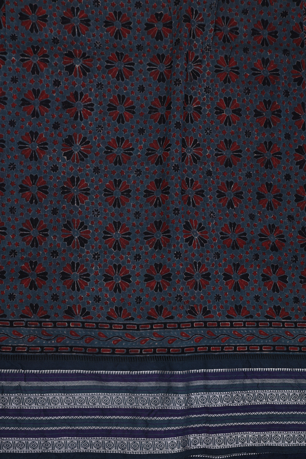 Chanderi Silk Cotton Saree In Blue With Ajrakh Printed Design
