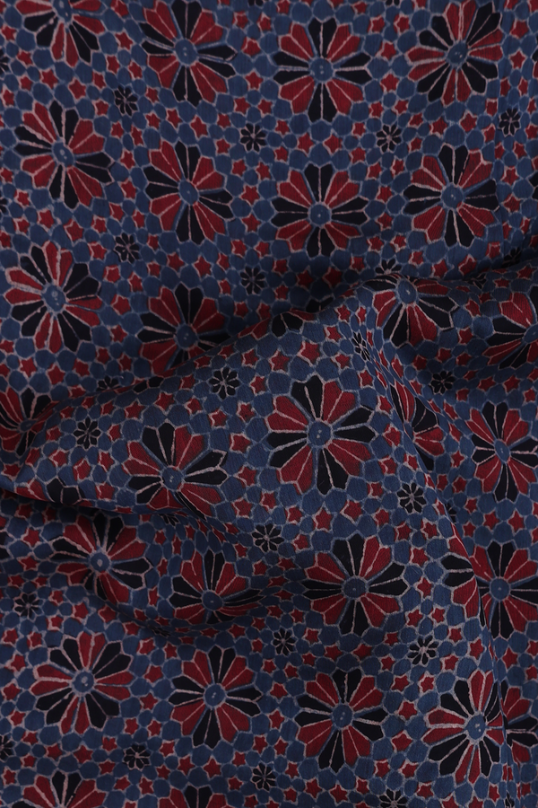 Chanderi Silk Cotton Saree In Blue With Ajrakh Printed Design