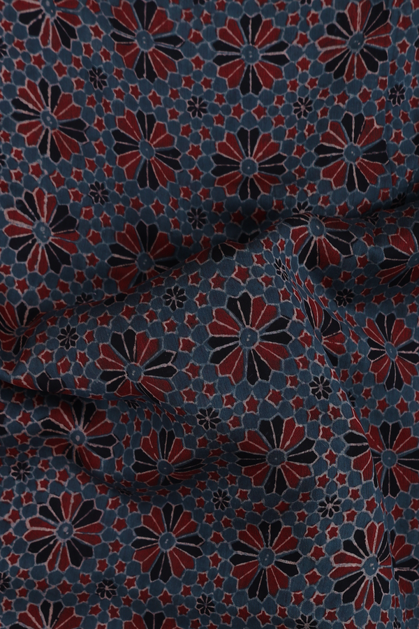 Chanderi Silk Cotton Saree In Blue With Ajrakh Printed Design