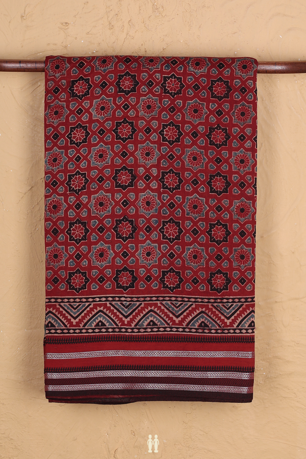 Chanderi Silk Cotton Saree In Red With Ajrakh Design