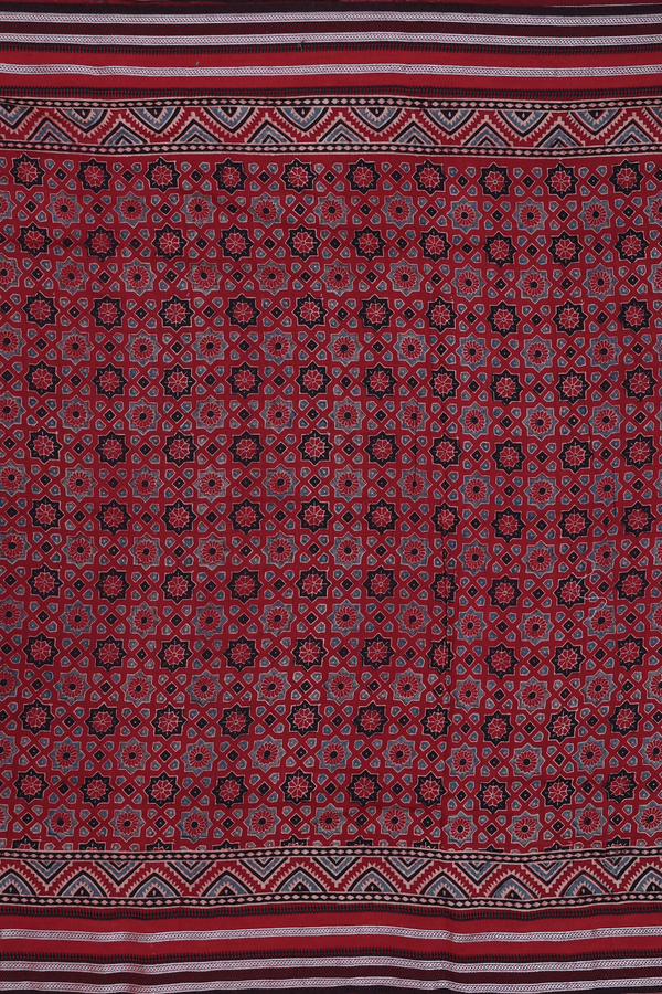 Chanderi Silk Cotton Saree In Red With Ajrakh Design