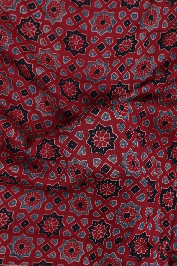 Chanderi Silk Cotton Saree In Red With Ajrakh Design