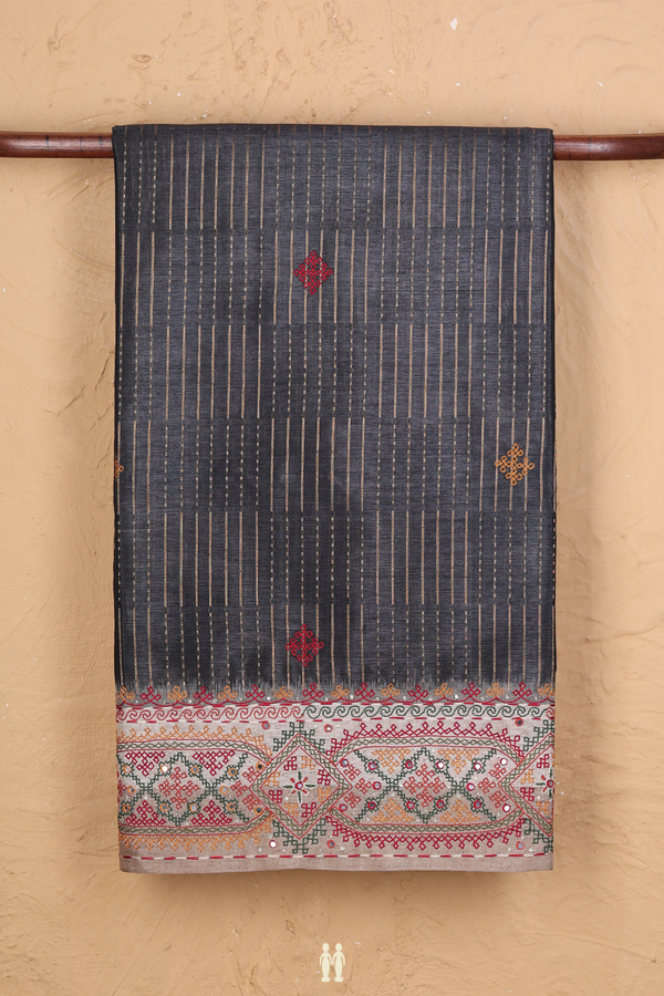Tussar Silk Saree In Charcoal Grey With Stripes Design
