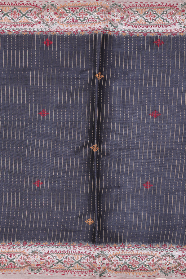 Tussar Silk Saree In Charcoal Grey With Stripes Design