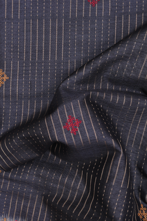 Tussar Silk Saree In Charcoal Grey With Stripes Design