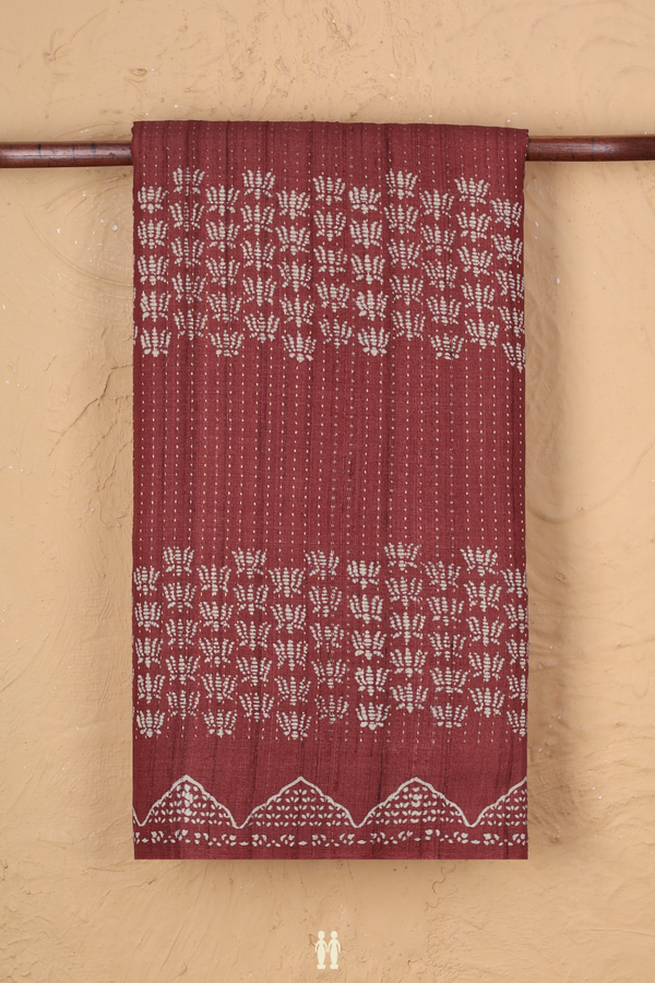 Tussar Silk Saree In Berry Red With Stripes Design