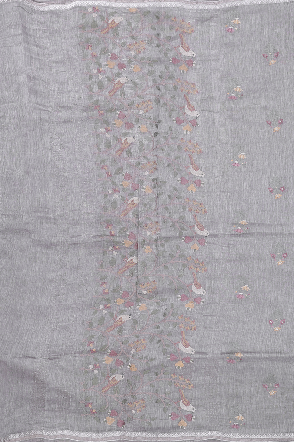 Linen Saree In Grey With Floral Embroidered Buttas