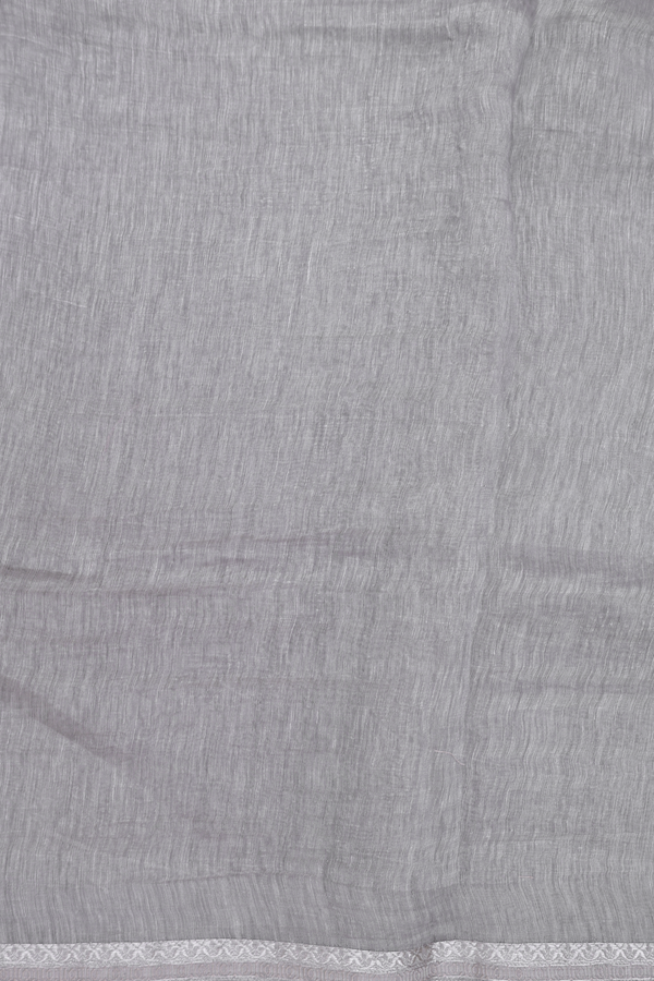 Linen Saree In Grey With Floral Embroidered Buttas