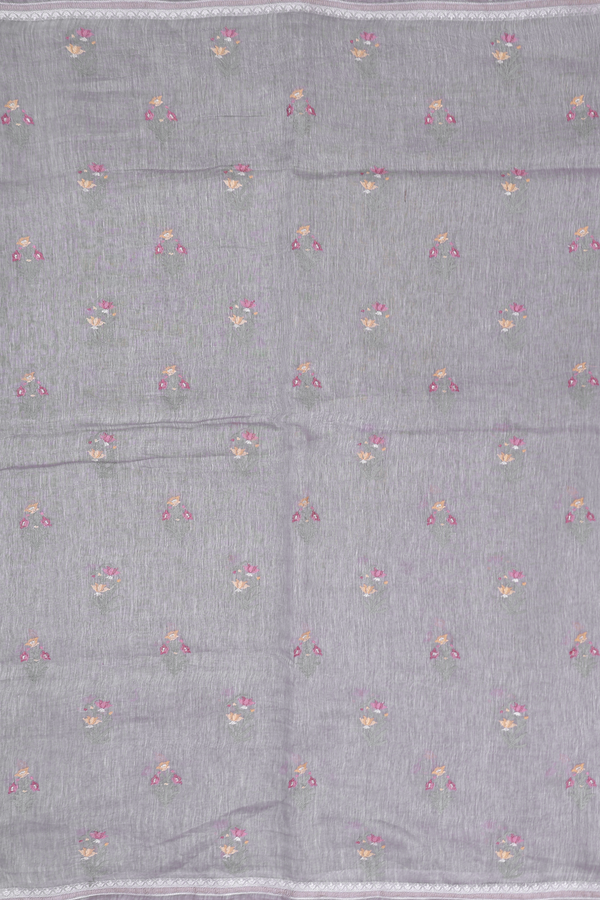 Linen Saree In Grey With Floral Embroidered Buttas