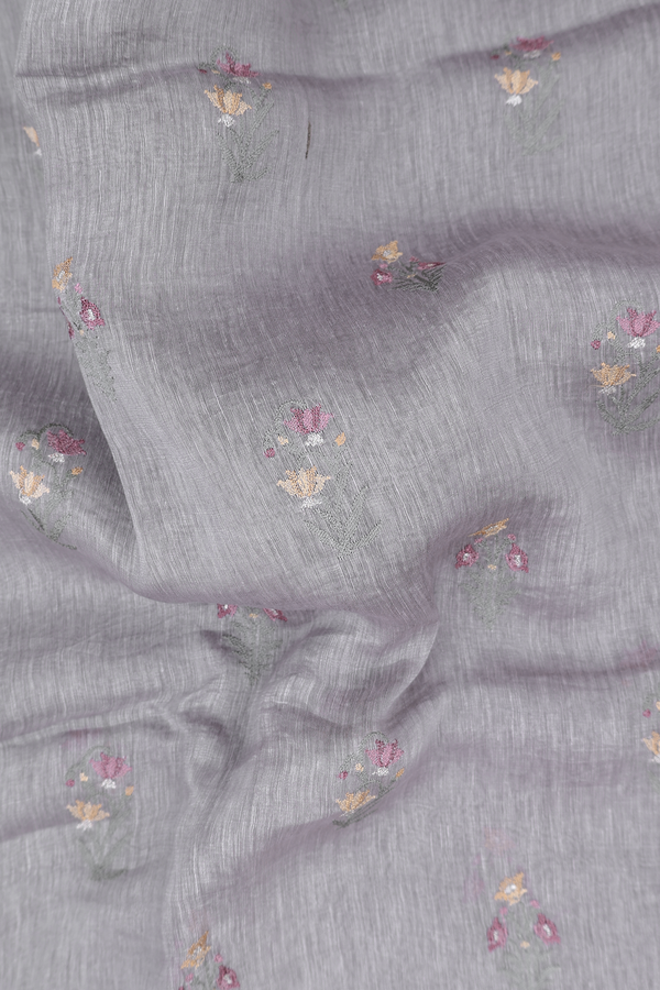 Linen Saree In Grey With Floral Embroidered Buttas