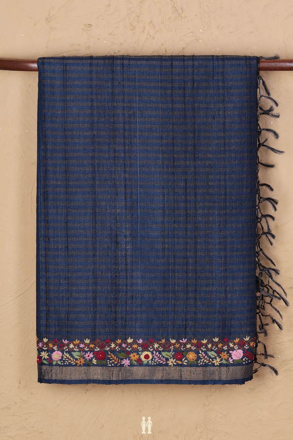 Tussar Silk Saree In Oxford Blue With Stripes Design
