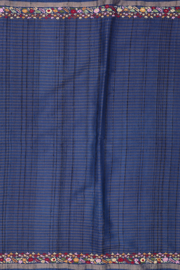 Tussar Silk Saree In Oxford Blue With Stripes Design
