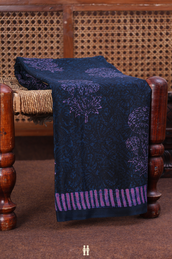 Crepe Saree In Black And Blue With Floral Motifs