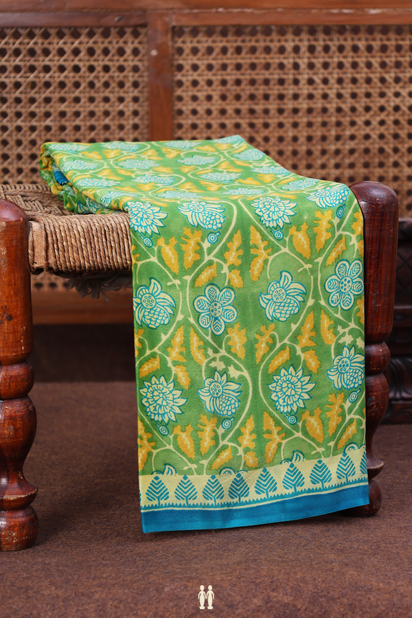 Crepe Saree In Leaf Green With Floral Design