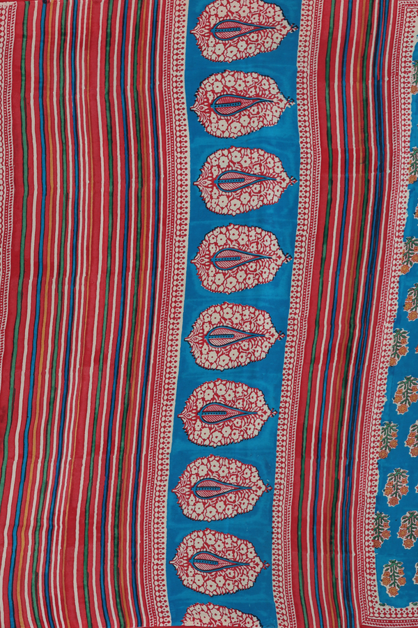 Crepe Saree In Peacock Blue With Floral Printed Design