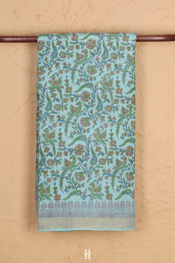 Chanderi Silk Cotton Saree In Tiffany Blue With Printed Design