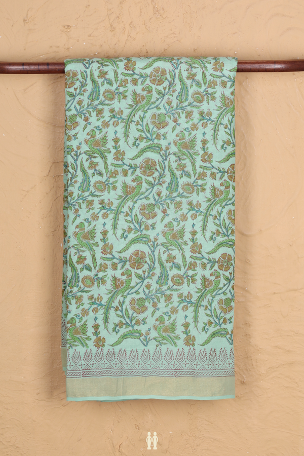 Chanderi Silk Cotton Saree In Tiffany Blue With Printed Design