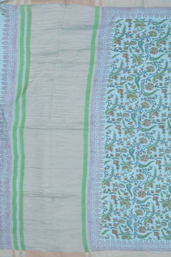 Chanderi Silk Cotton Saree In Tiffany Blue With Printed Design
