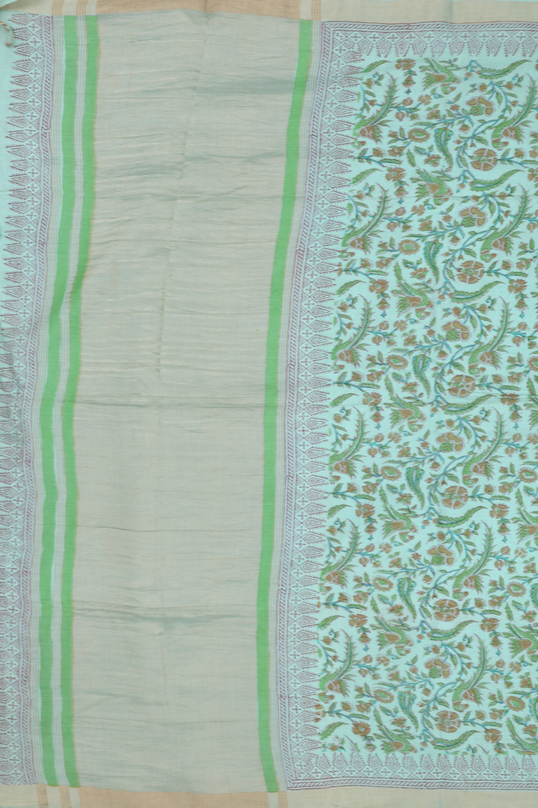 Chanderi Silk Cotton Saree In Tiffany Blue With Printed Design