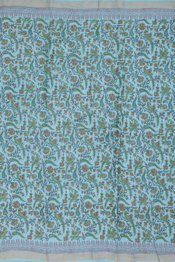 Chanderi Silk Cotton Saree In Tiffany Blue With Printed Design