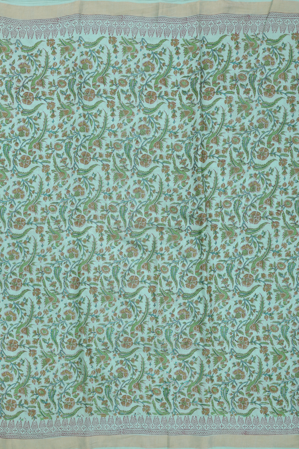 Chanderi Silk Cotton Saree In Tiffany Blue With Printed Design