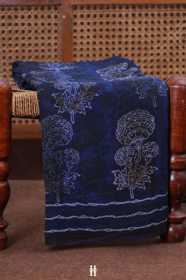Chiffon Saree In Navy Blue With Floral Motifs