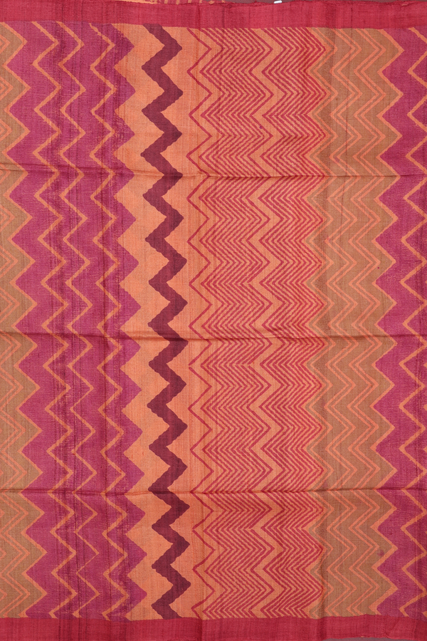 Tussar Silk Saree In Orange With Chevron Design