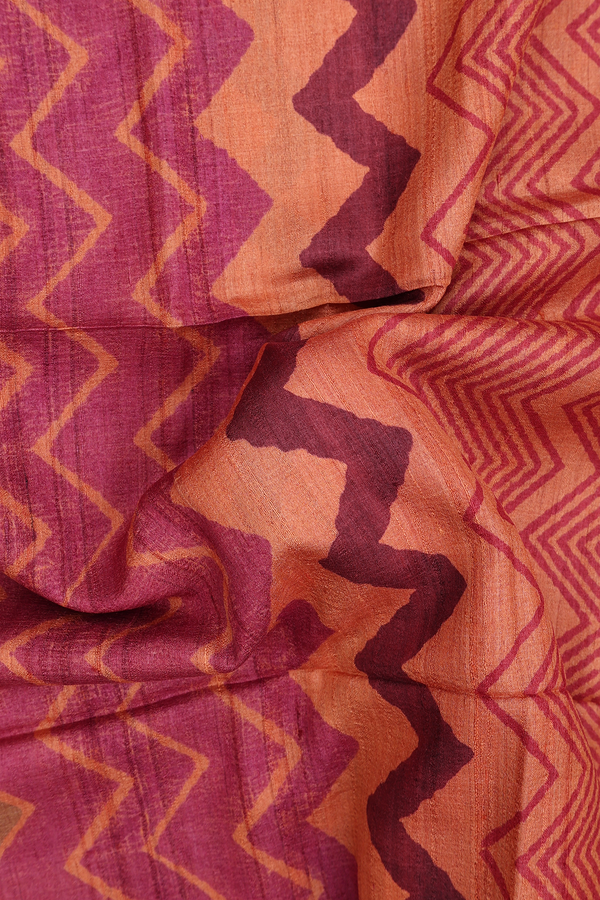 Tussar Silk Saree In Orange With Chevron Design