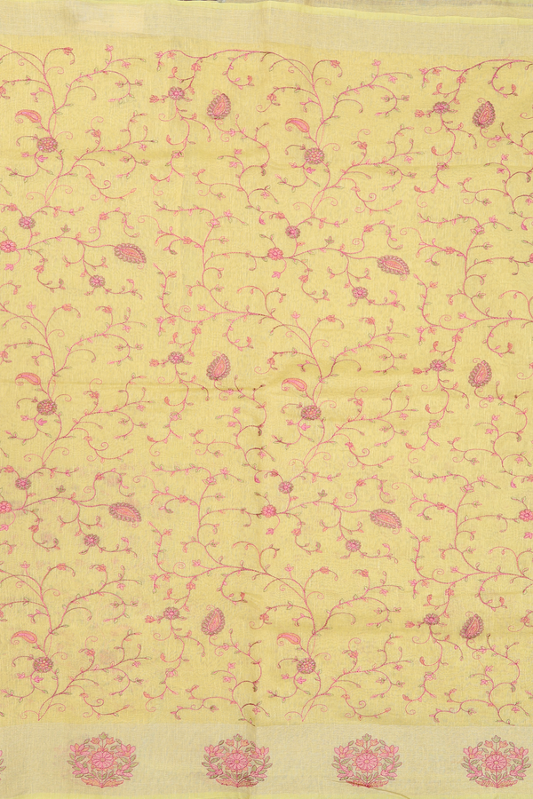 Linen Saree In Yellow With Embroidered Design