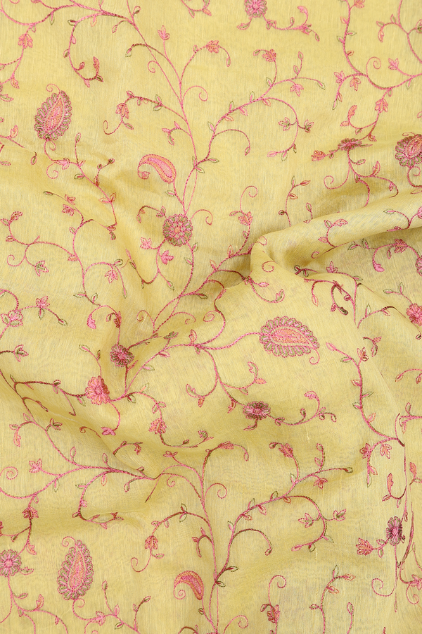Linen Saree In Yellow With Embroidered Design