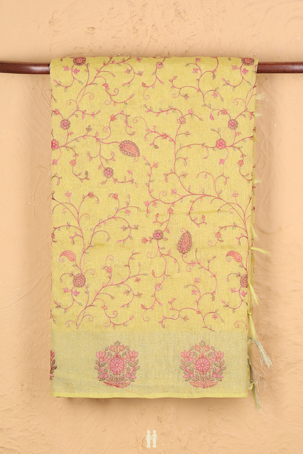 Linen Saree In Yellow With Embroidered Design