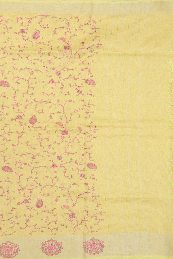 Linen Saree In Yellow With Embroidered Design