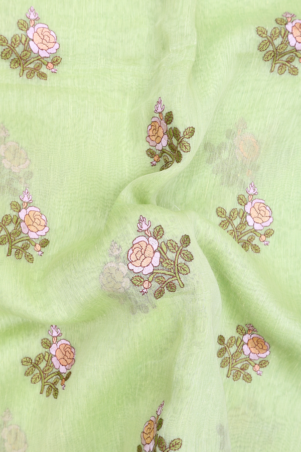 Linen Saree In Light Green With Floral Buttas