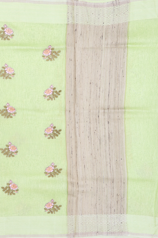 Linen Saree In Light Green With Floral Buttas