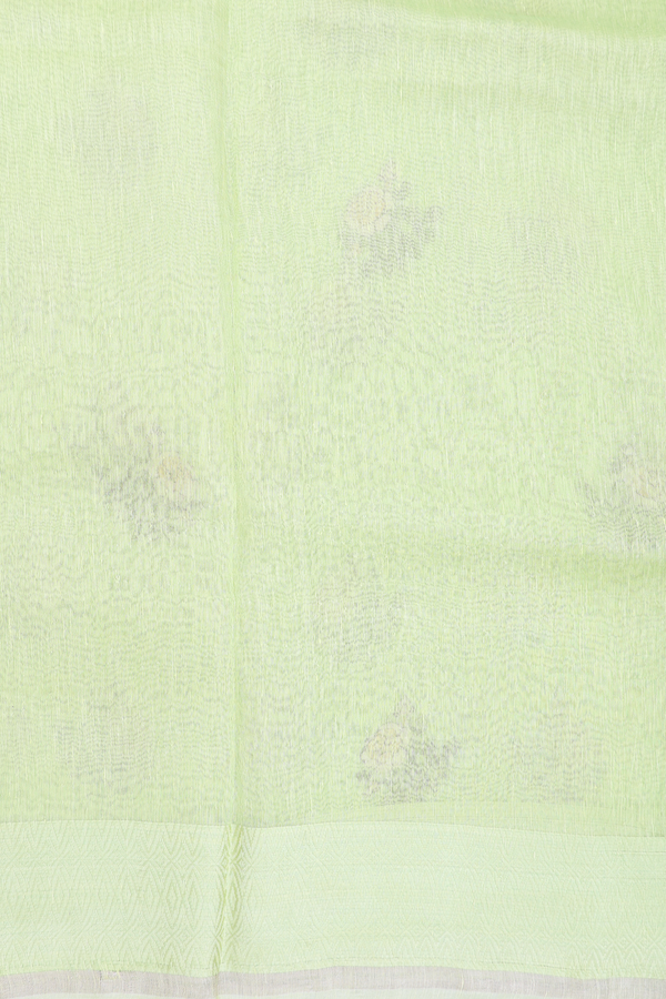 Linen Saree In Light Green With Floral Buttas