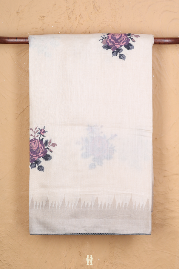 Tussar Silk Saree In Cream With Floral Embroidered Motifs