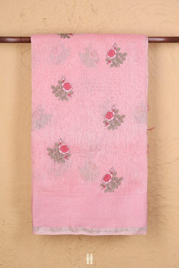 Linen Saree In Pink With Floral Buttas