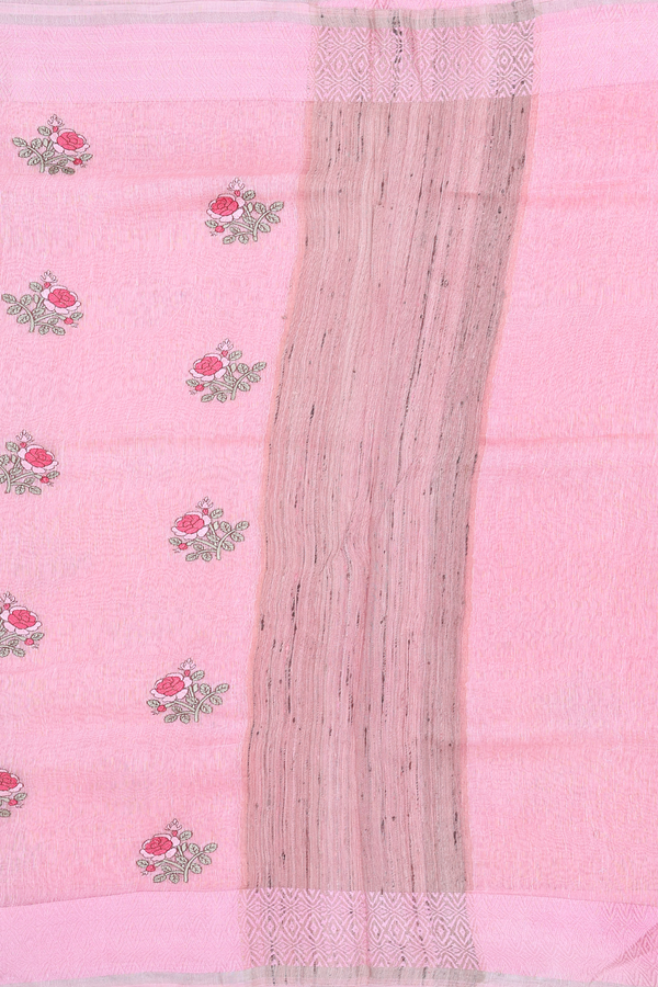 Linen Saree In Pink With Floral Buttas