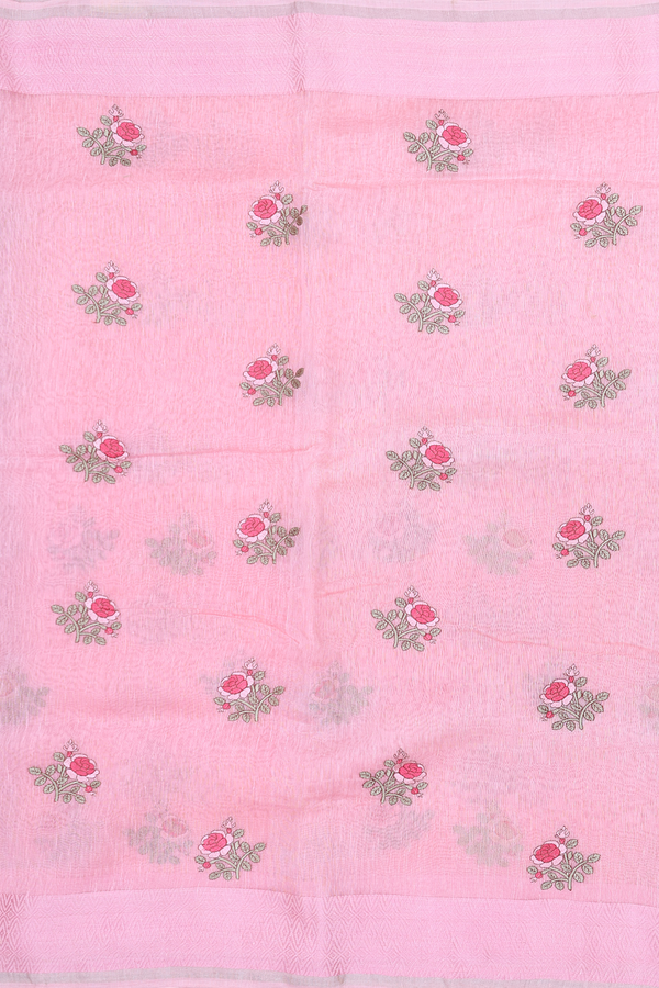Linen Saree In Pink With Floral Buttas
