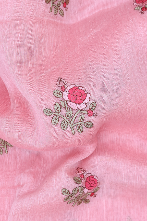 Linen Saree In Pink With Floral Buttas