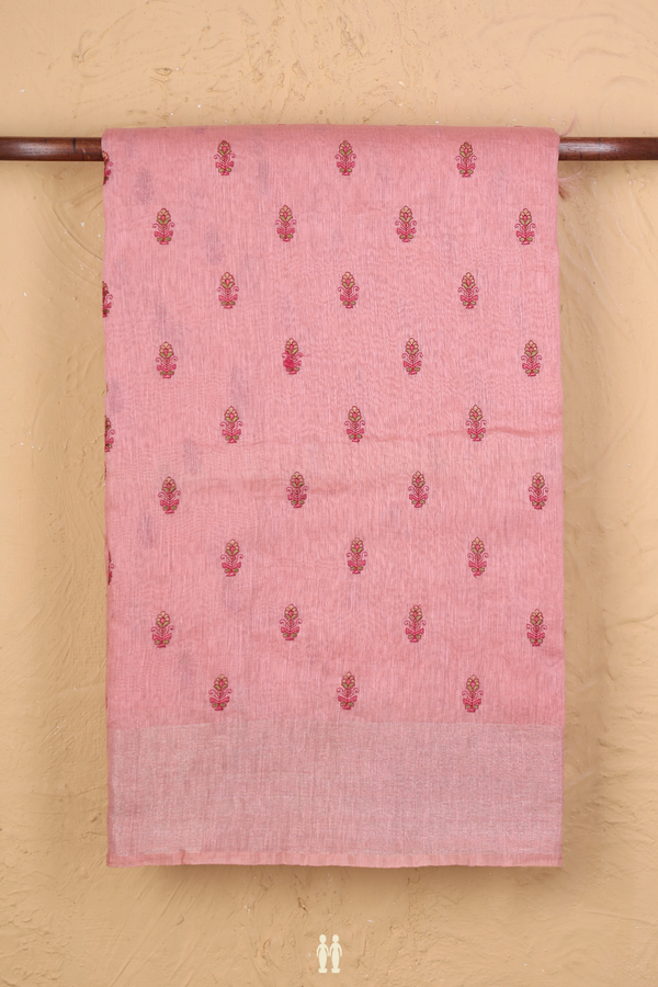 Linen Saree In Peach Pink With Floral Buttas