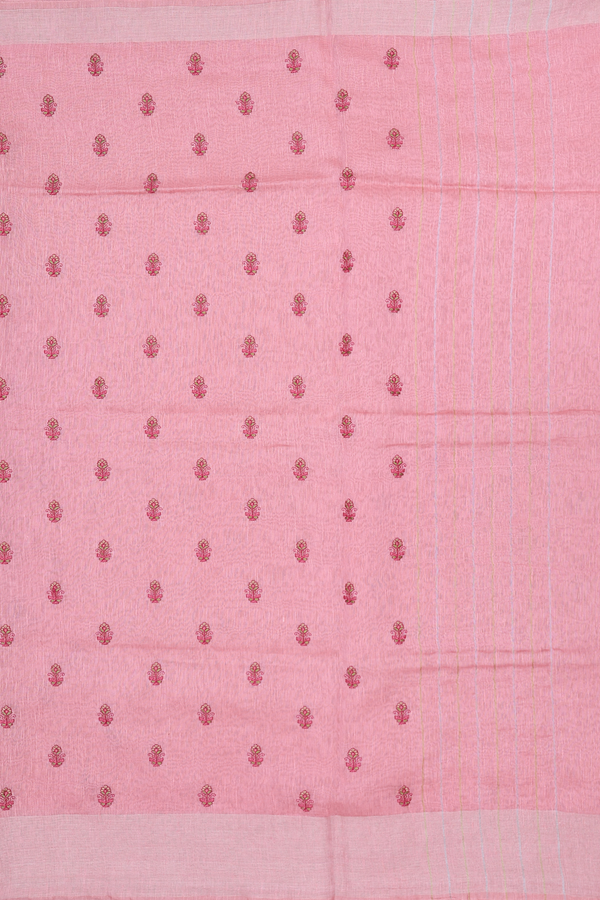 Linen Saree In Peach Pink With Floral Buttas